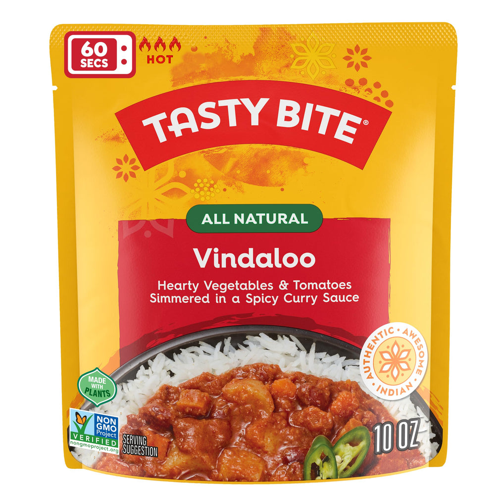 TASTY BITE served over rice on a plate, meal-ready and restaurant-style flavor