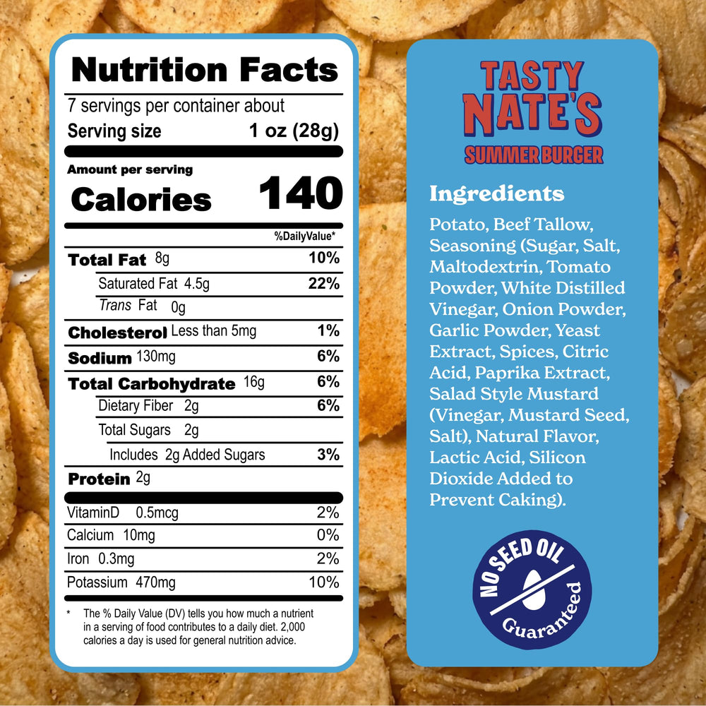 TASTY NATES seasoning on chip emphasizing bold burger and pickle flavor benefit