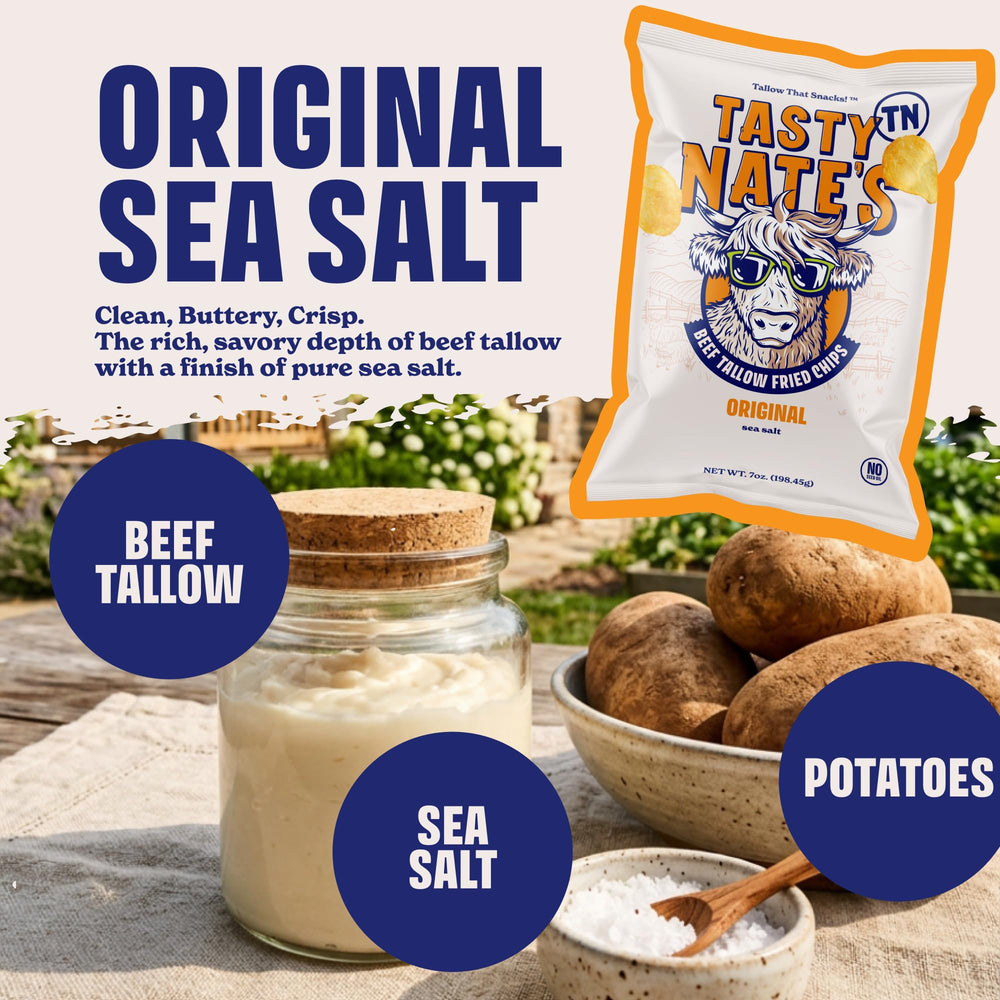 TASTY NATES open bag with chips spilling out showing golden crisp freshness