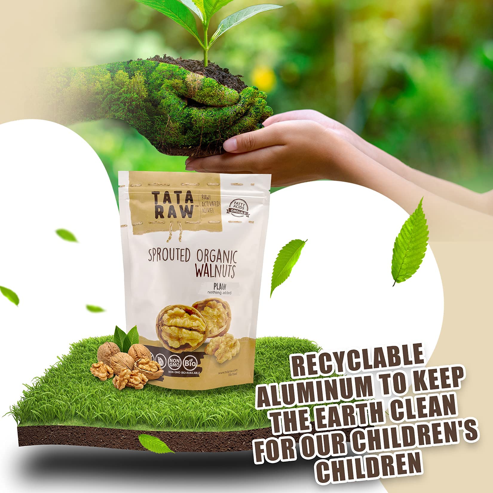 TATA RAW ingredient label close-up proving plain sprouted walnuts and no additives