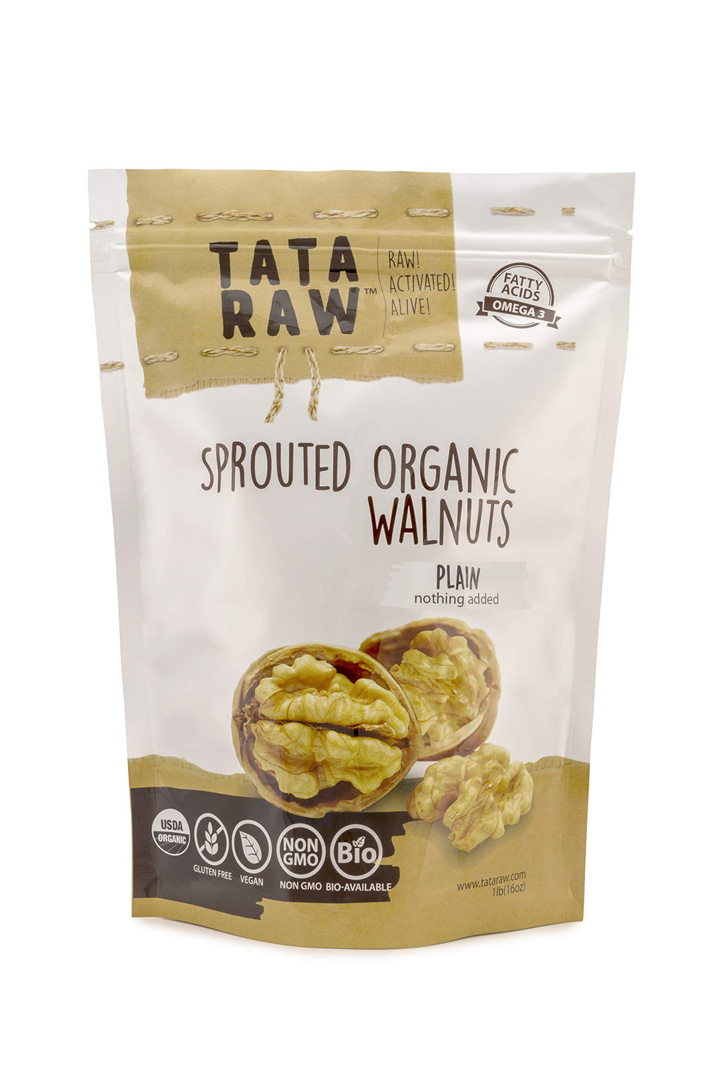 TATA RAW front packaging showing 3 lb sprouted walnuts, clear view for convenience