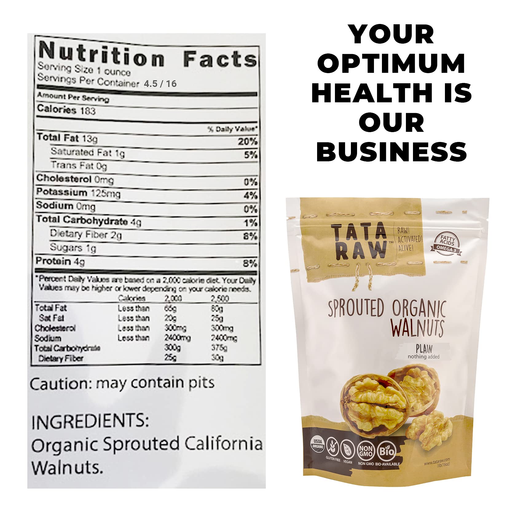 TATA RAW resealable pack zipper detail, keeps walnuts fresh longer
