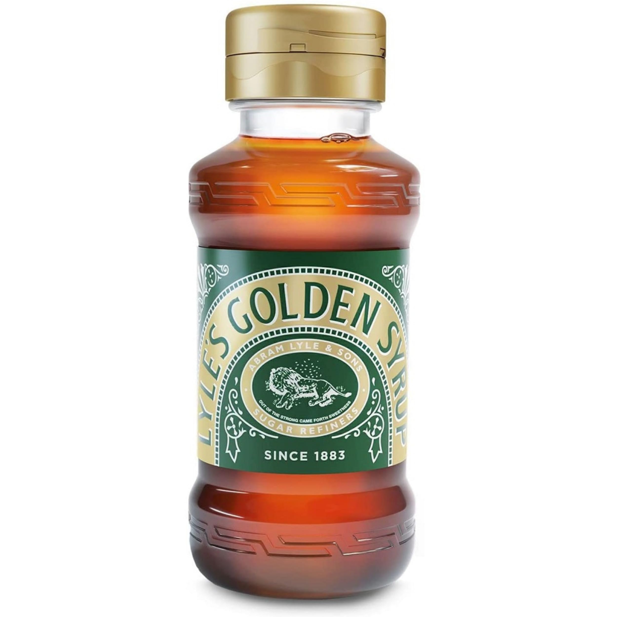 Tate & Lyle's bottle in hand showing 11oz scale and easy-squeeze benefit