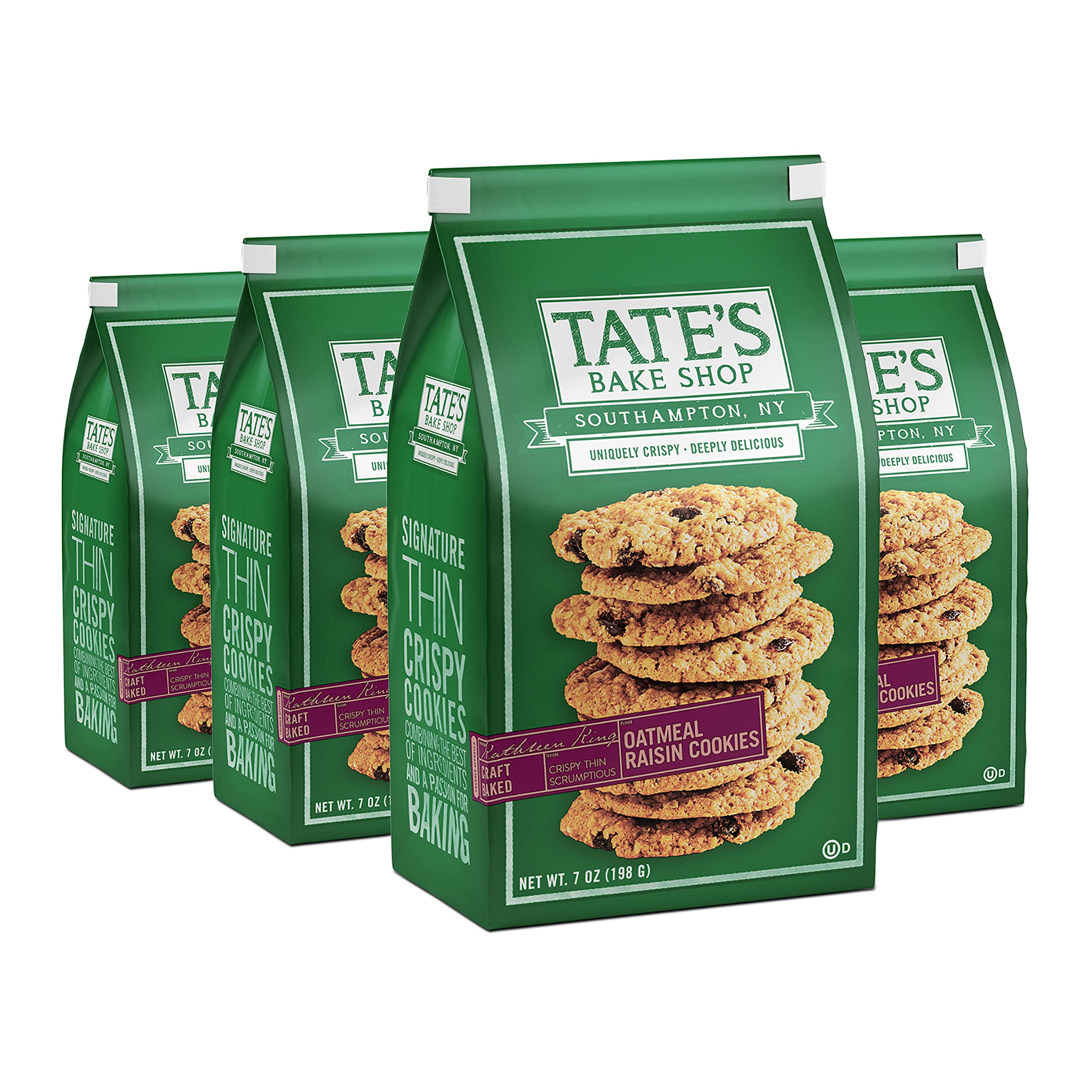 Tate's Bake Shop front packaging showing cookies and brand, convenient resealable bags