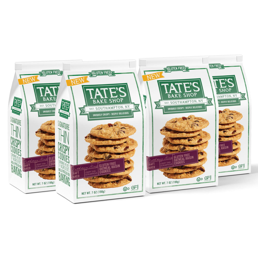 Tate's Bake Shop front packaging showing gluten free oatmeal raisin cookies with inviting branding