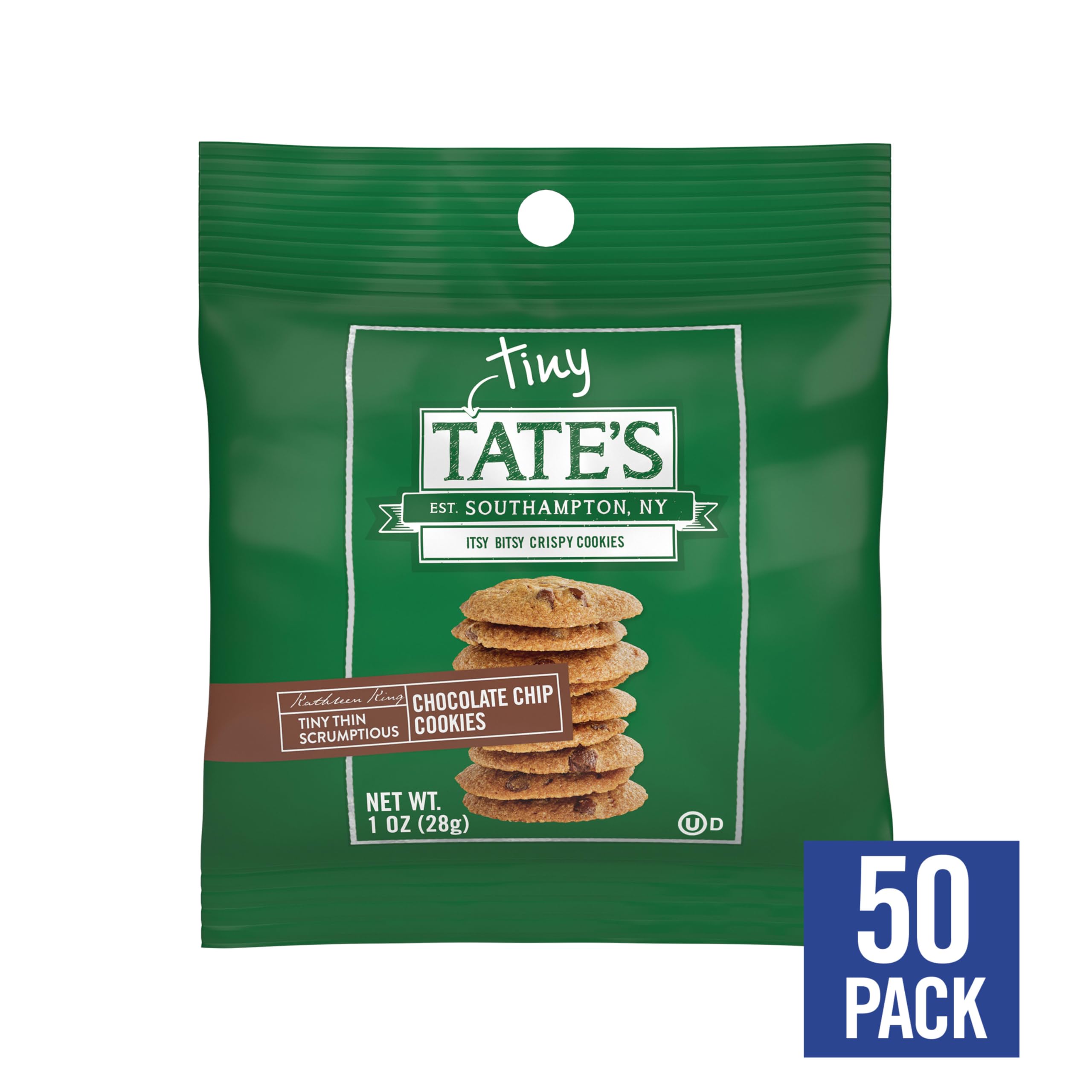 Tate's Bake Shop single‑serve 1 oz bag held in hand for easy portability