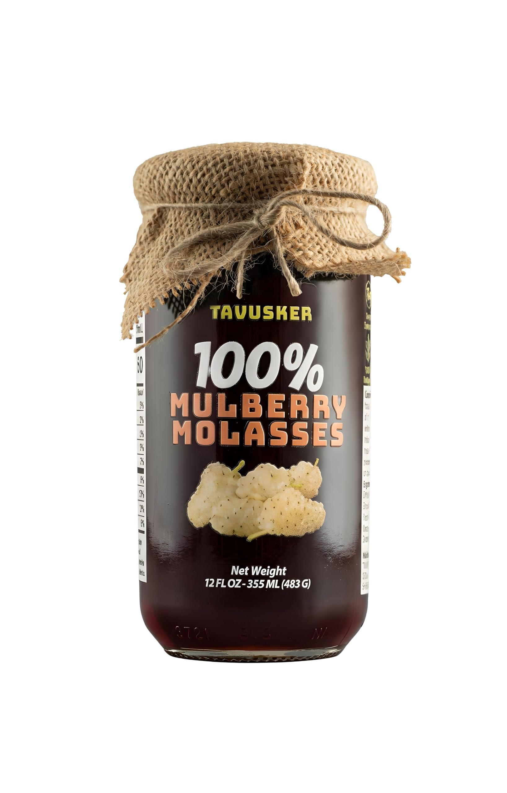 Tavusker front label on glass jar showing brand and pure mulberry molasses benefit clarity