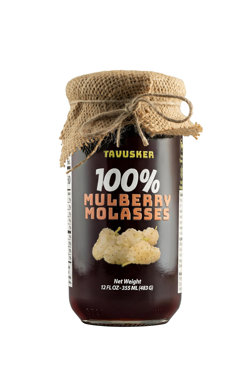 Tavusker front label on glass jar showing brand and pure mulberry molasses benefit clarity