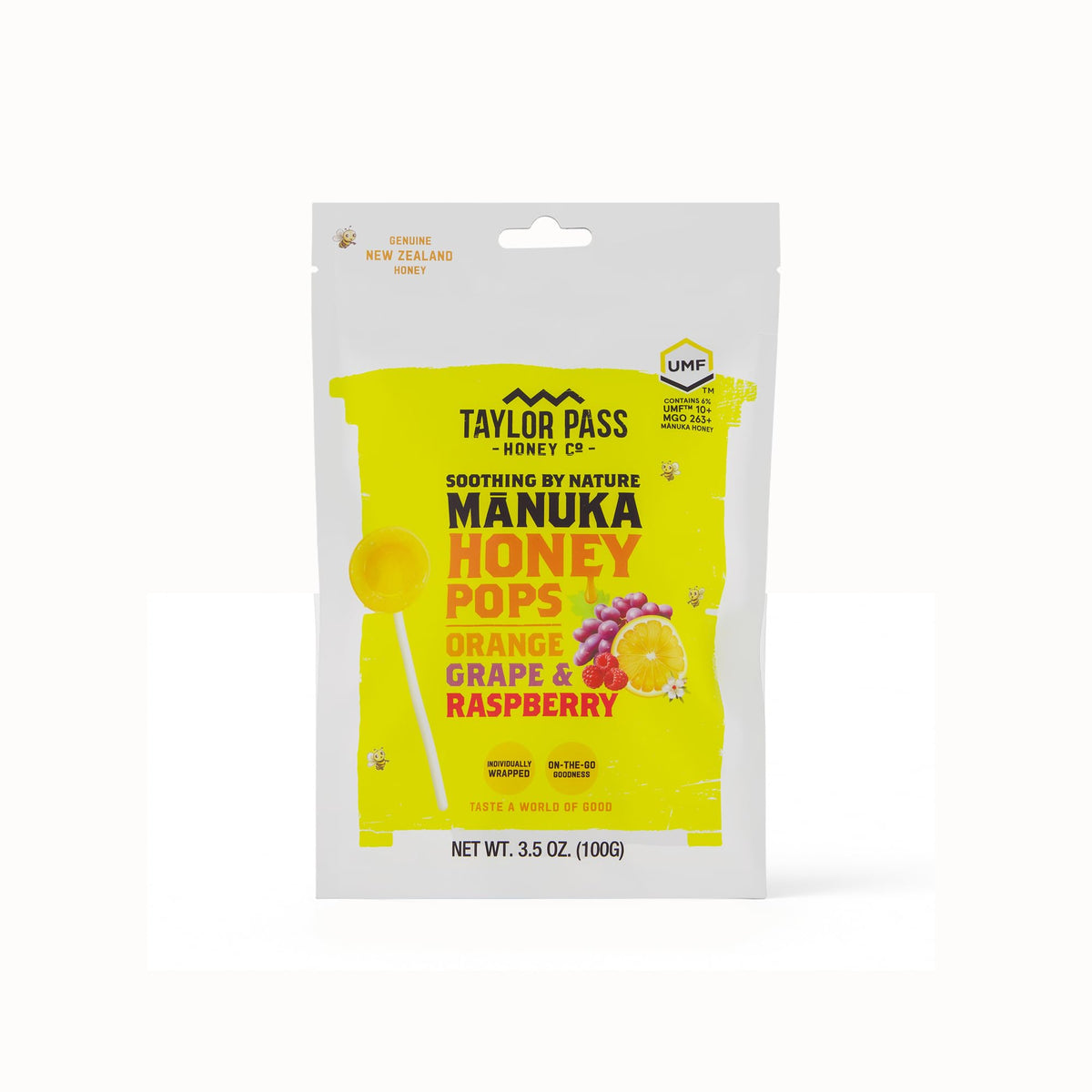 Taylor Pass front packaging showing Mānuka Honey Pops and flavor icons