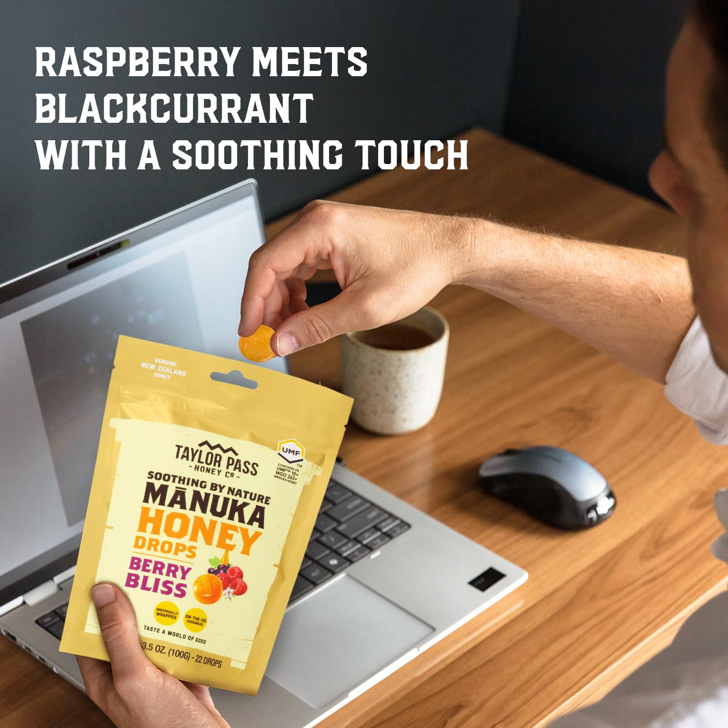 Taylor Pass Honey Co ingredients label and UMF 10+ badge showing certified sourcing benefit traceability