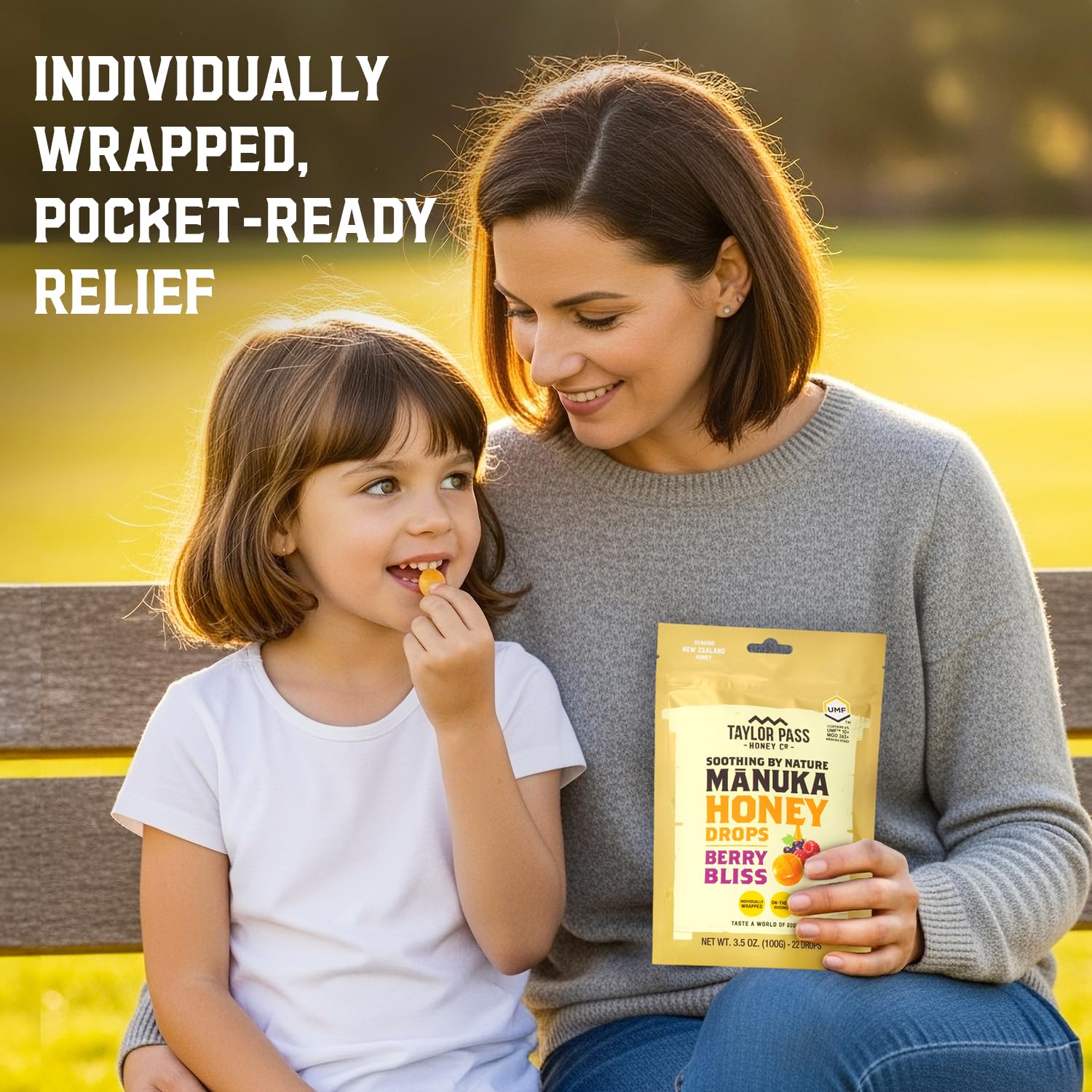 Taylor Pass Honey Co drops in a travel bag by a passport showing on-the-go use benefit travel-ready