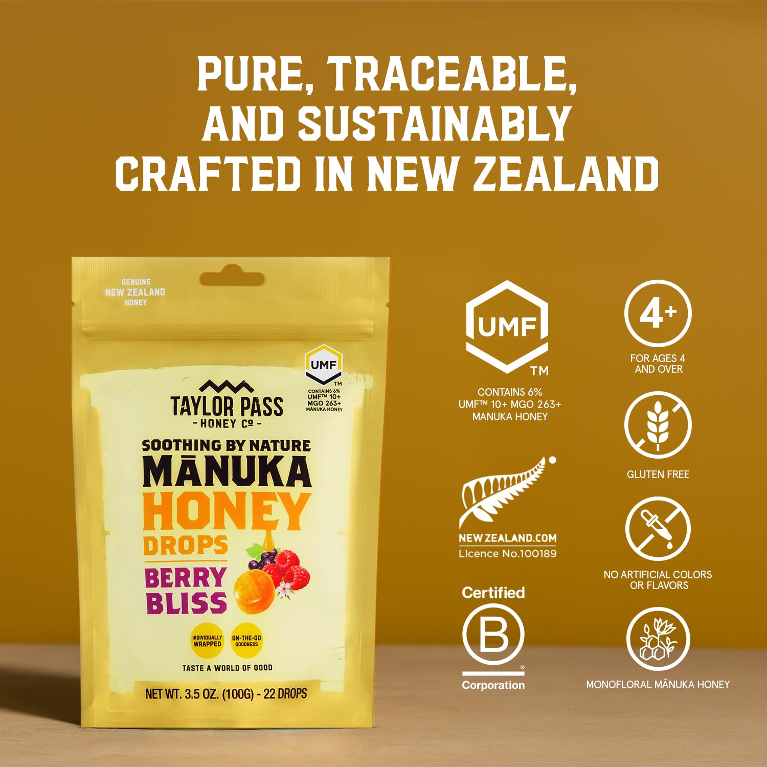 Taylor Pass Honey Co lozenge beside a coin showing scale and portability benefit pocket-friendly size