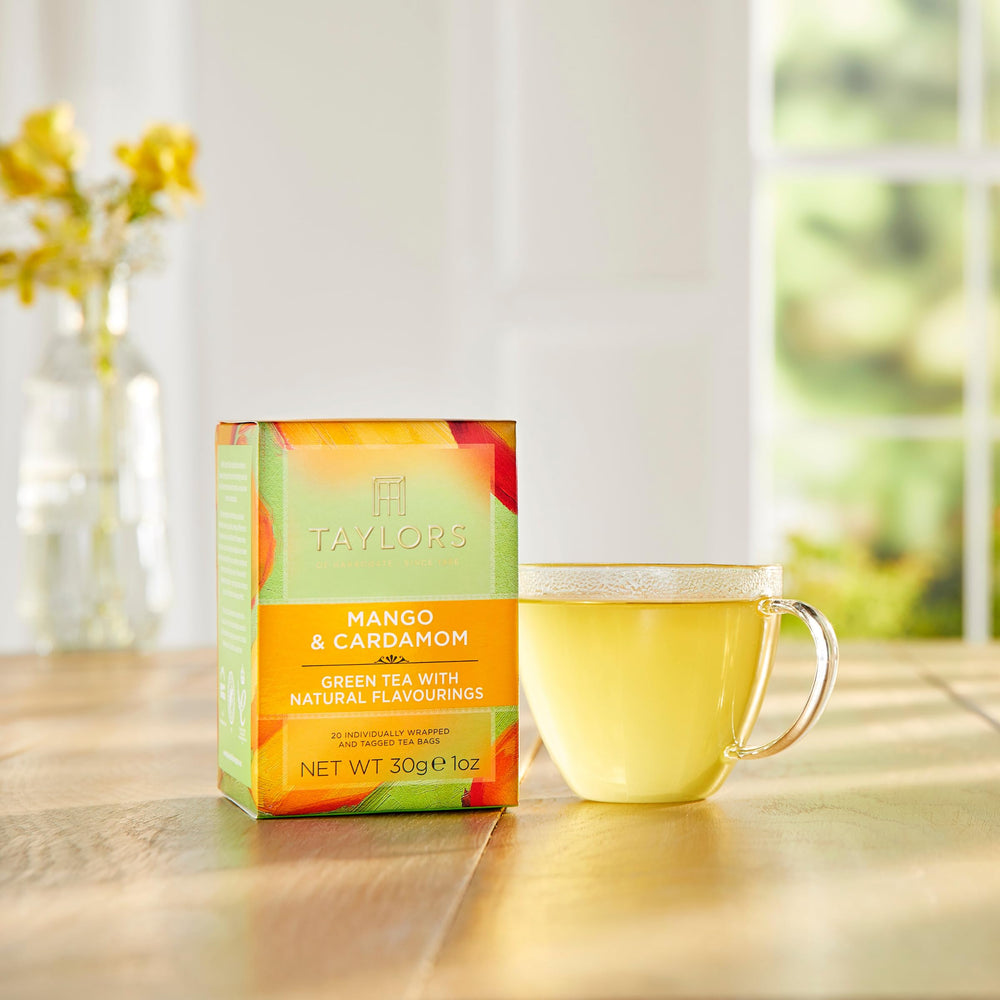 Taylors of Harrogate brewed cup with steam showing bright fruity infusion