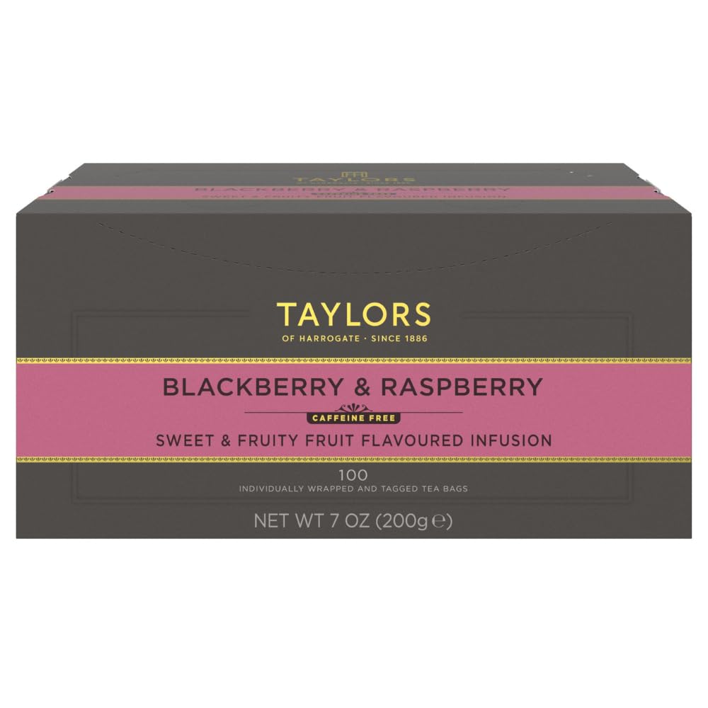 Taylors of Harrogate front packaging showing fruity berry tea and convenience