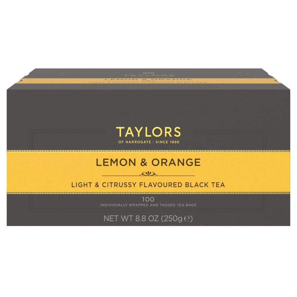 Taylors of Harrogate front packaging showing citrus black tea and freshness benefit
