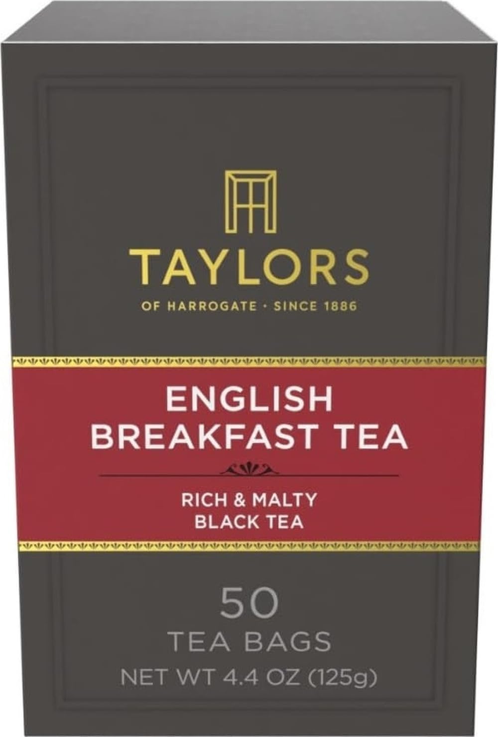 Taylors of Harrogate front packaging showing 50 tea bags and brand clarity for convenience