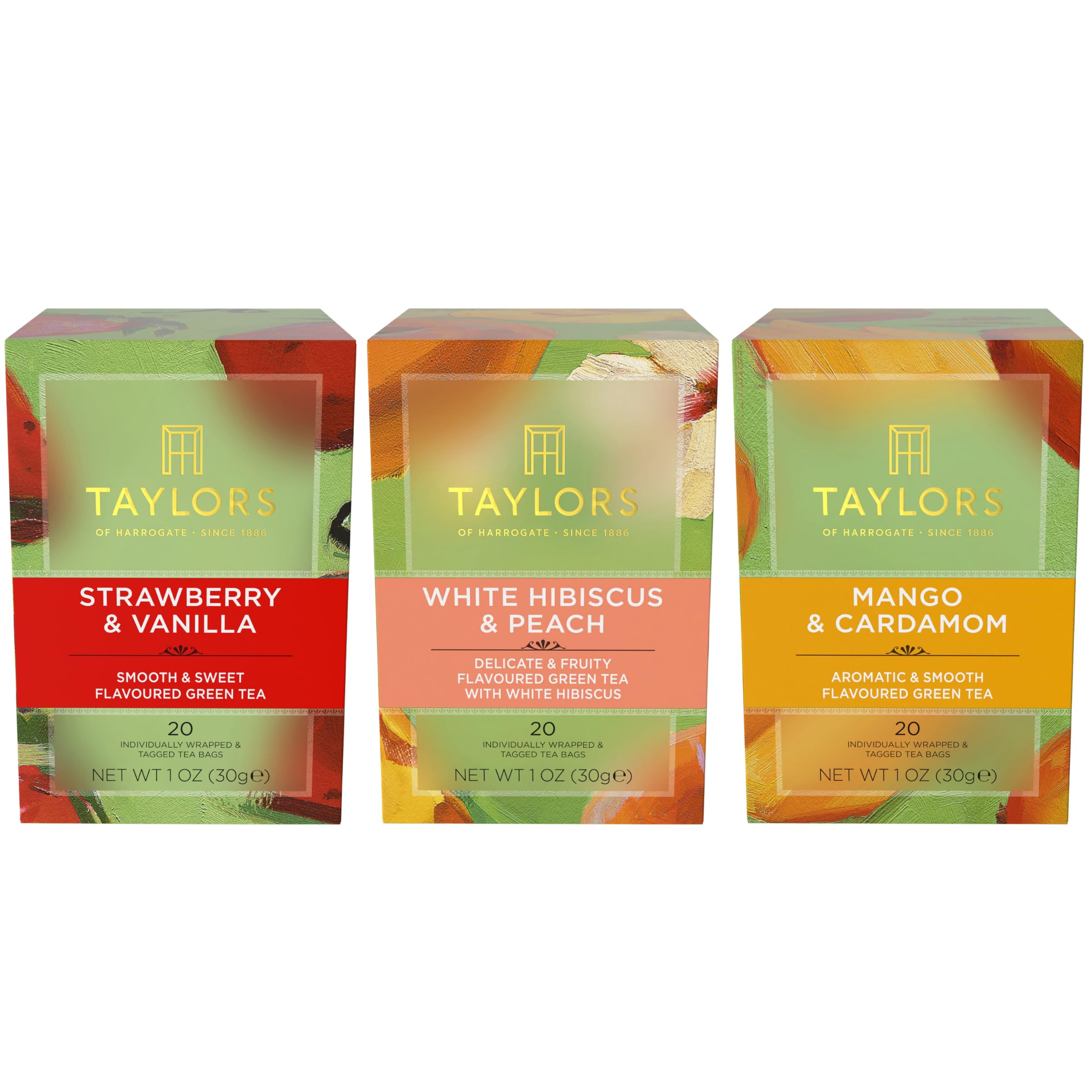 Taylors of Harrogate front packaging showing three flavor boxes and variety benefits