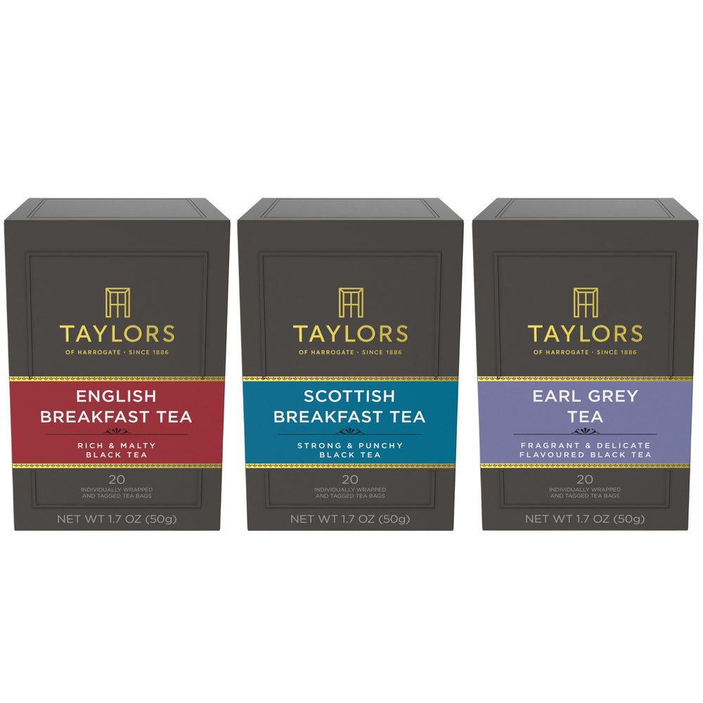 Taylors of Harrogate front packaging displaying three tea boxes and variety benefit