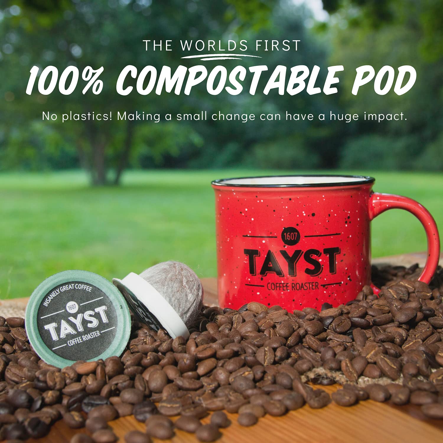 Tayst coffee beans beside K-Cup illustrating bean-to-pod authenticity and scale
