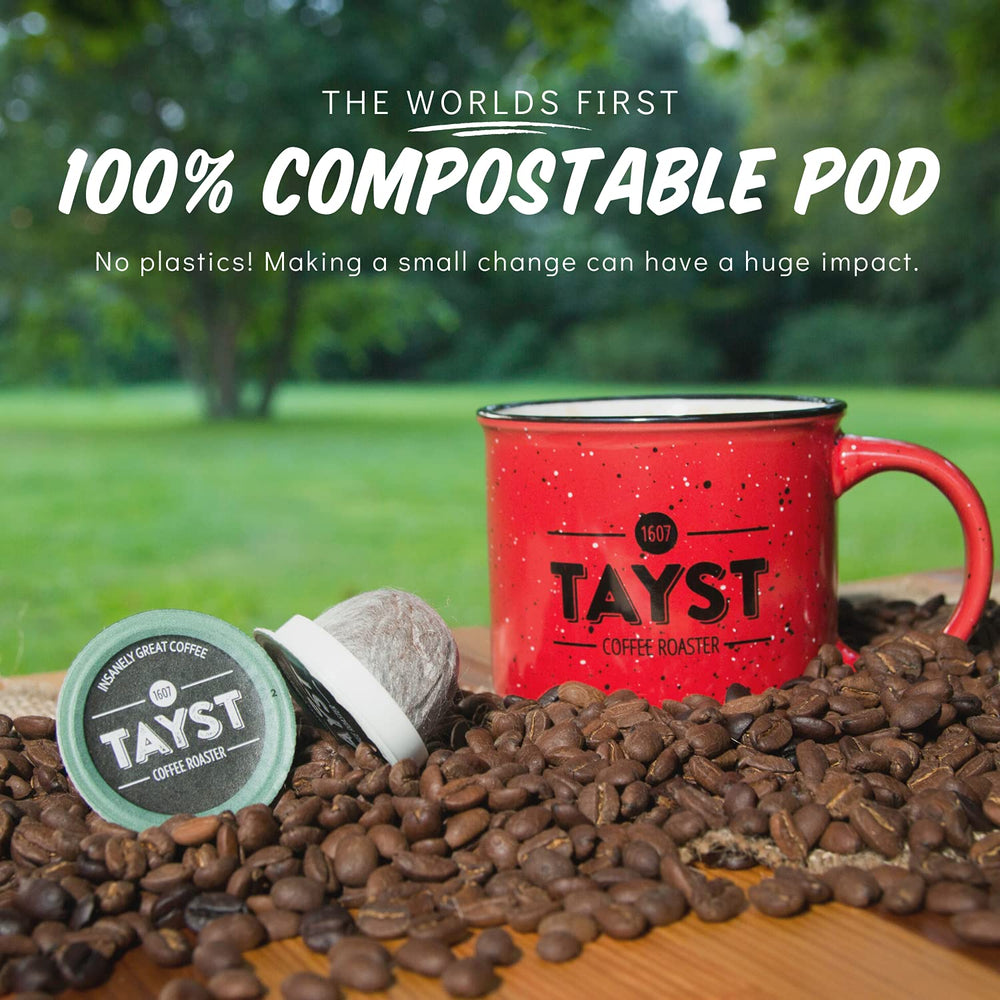 Tayst coffee beans beside K-Cup illustrating bean-to-pod authenticity and scale