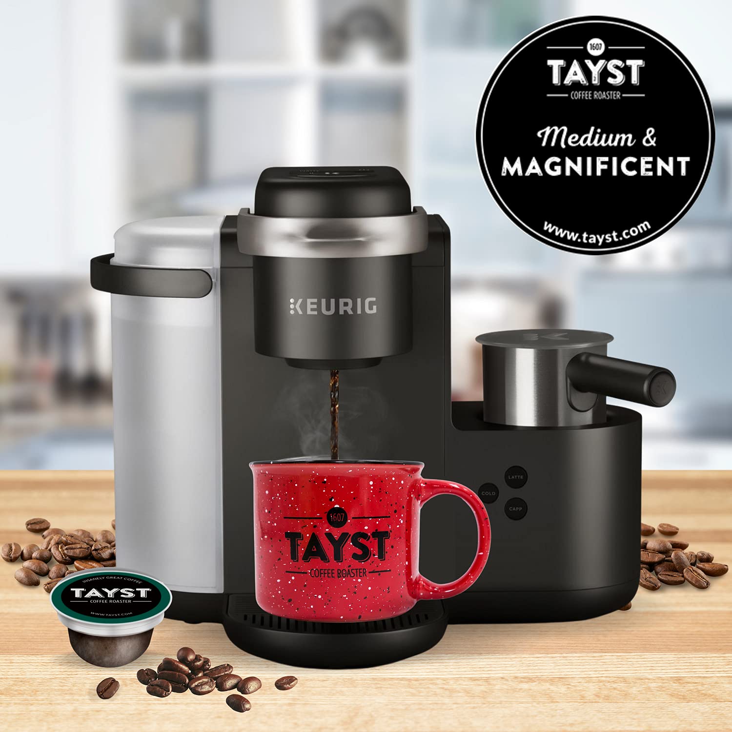 Tayst pod inserted in a single-serve brewer producing a fresh cup quickly