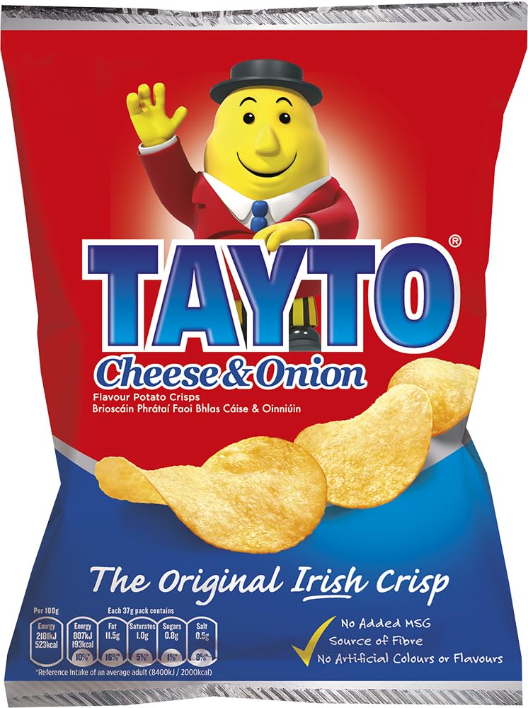Tayto front pack showing logo and cheese & onion flavor for authentic taste