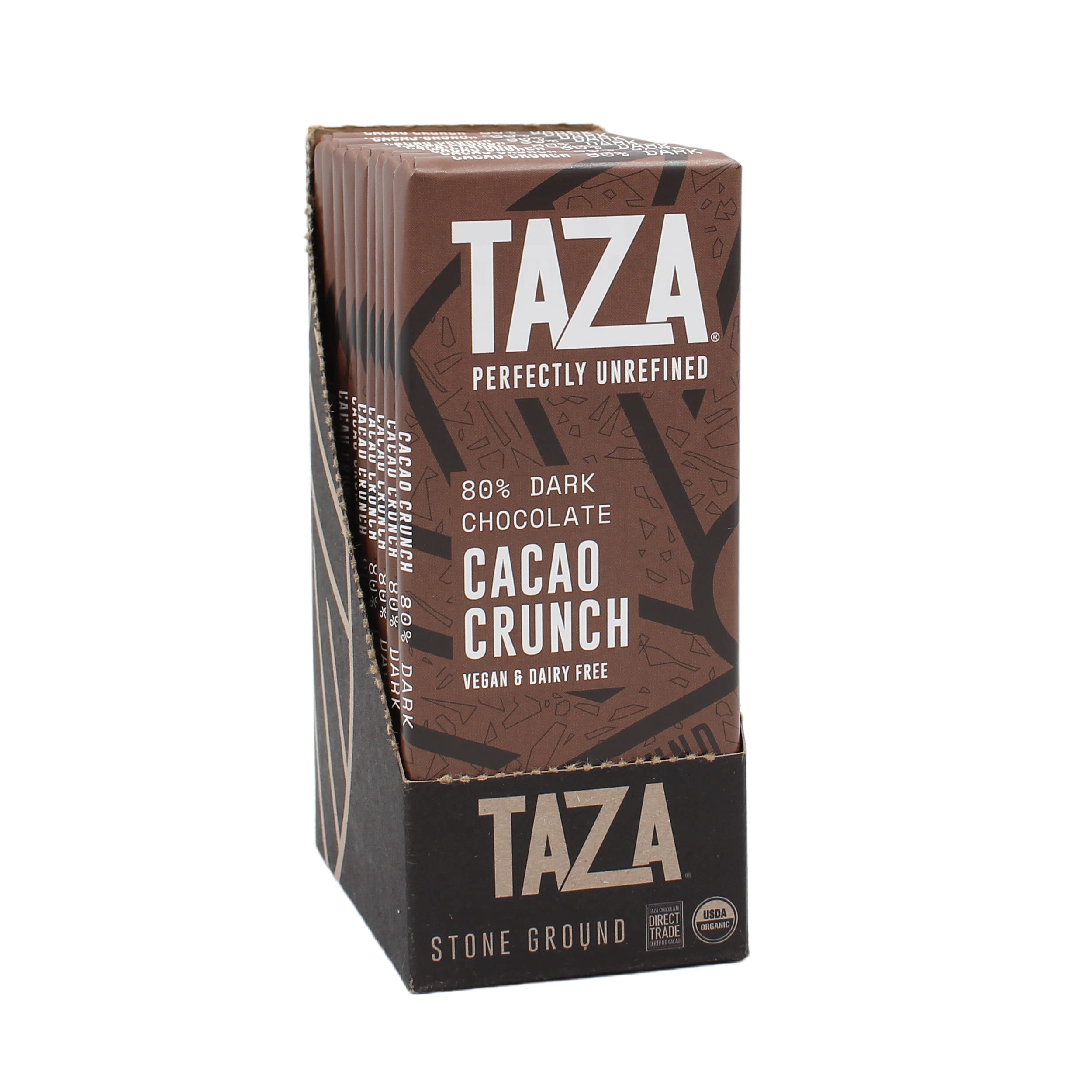 Taza front packaging showing organic 80% Amaze Bars and clear labeling benefits