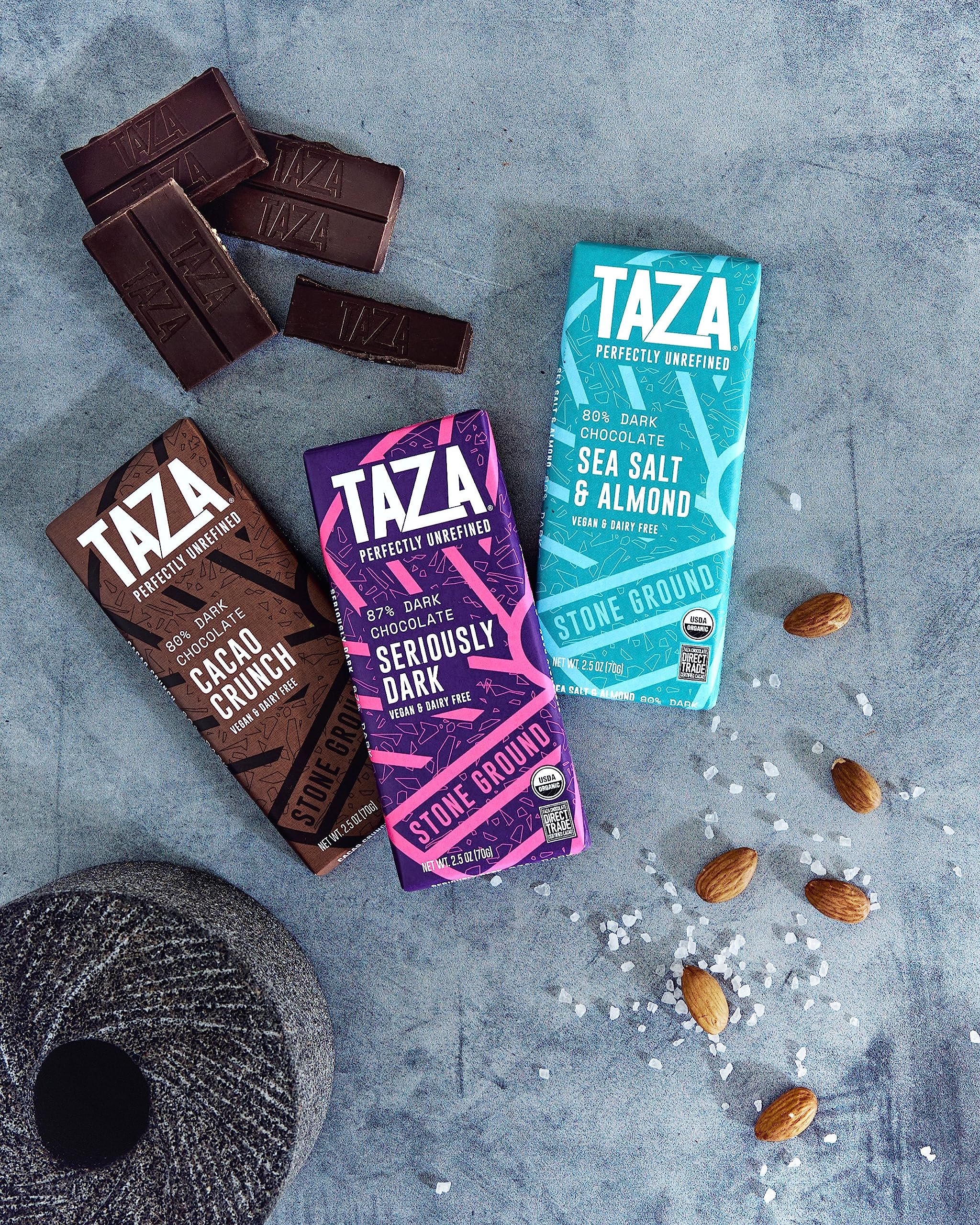 Hand holding Taza Chocolate bar for scale and convenient portioning benefit