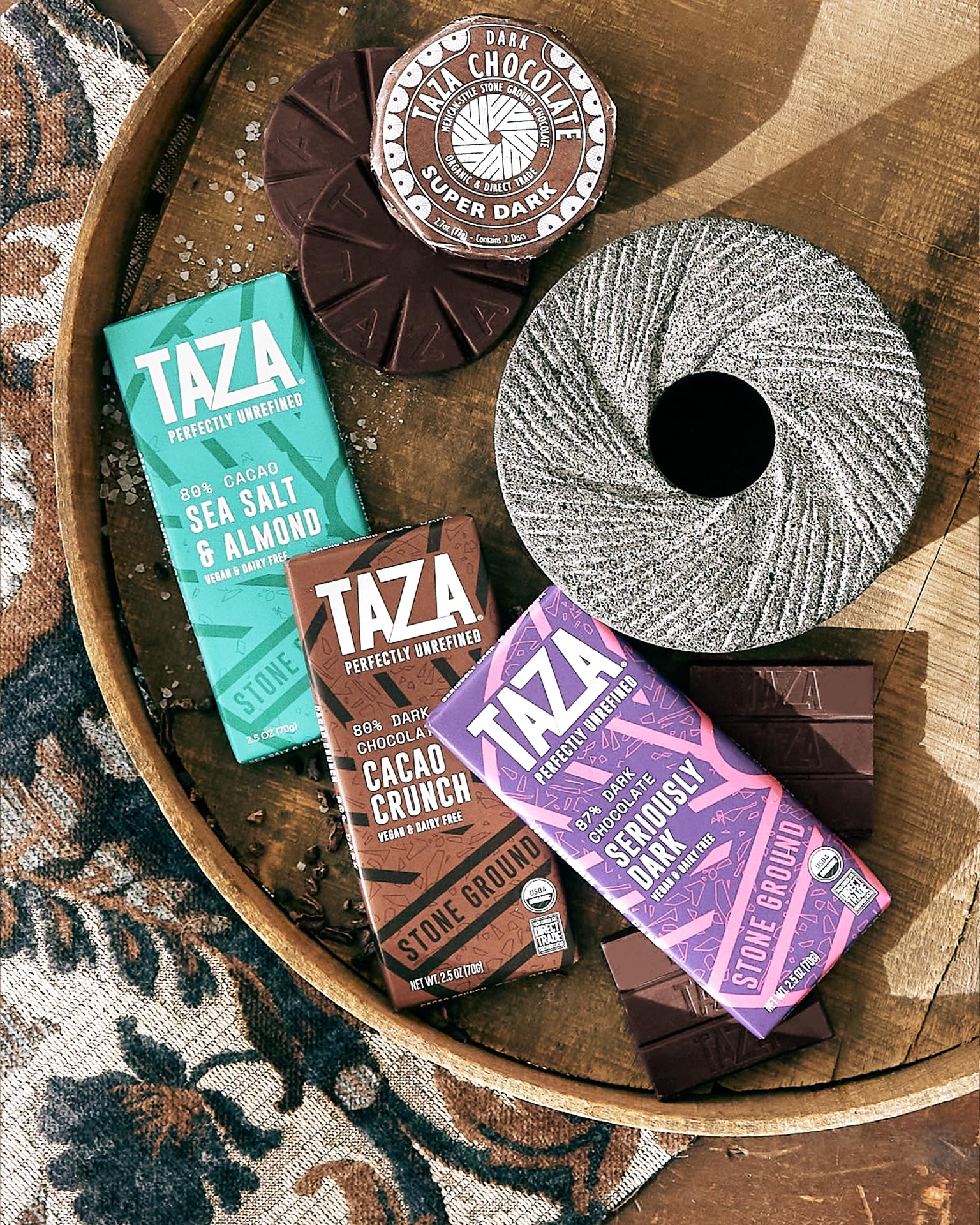 Unwrapped Taza Chocolate Amaze Bar on plate demonstrating serving suggestion