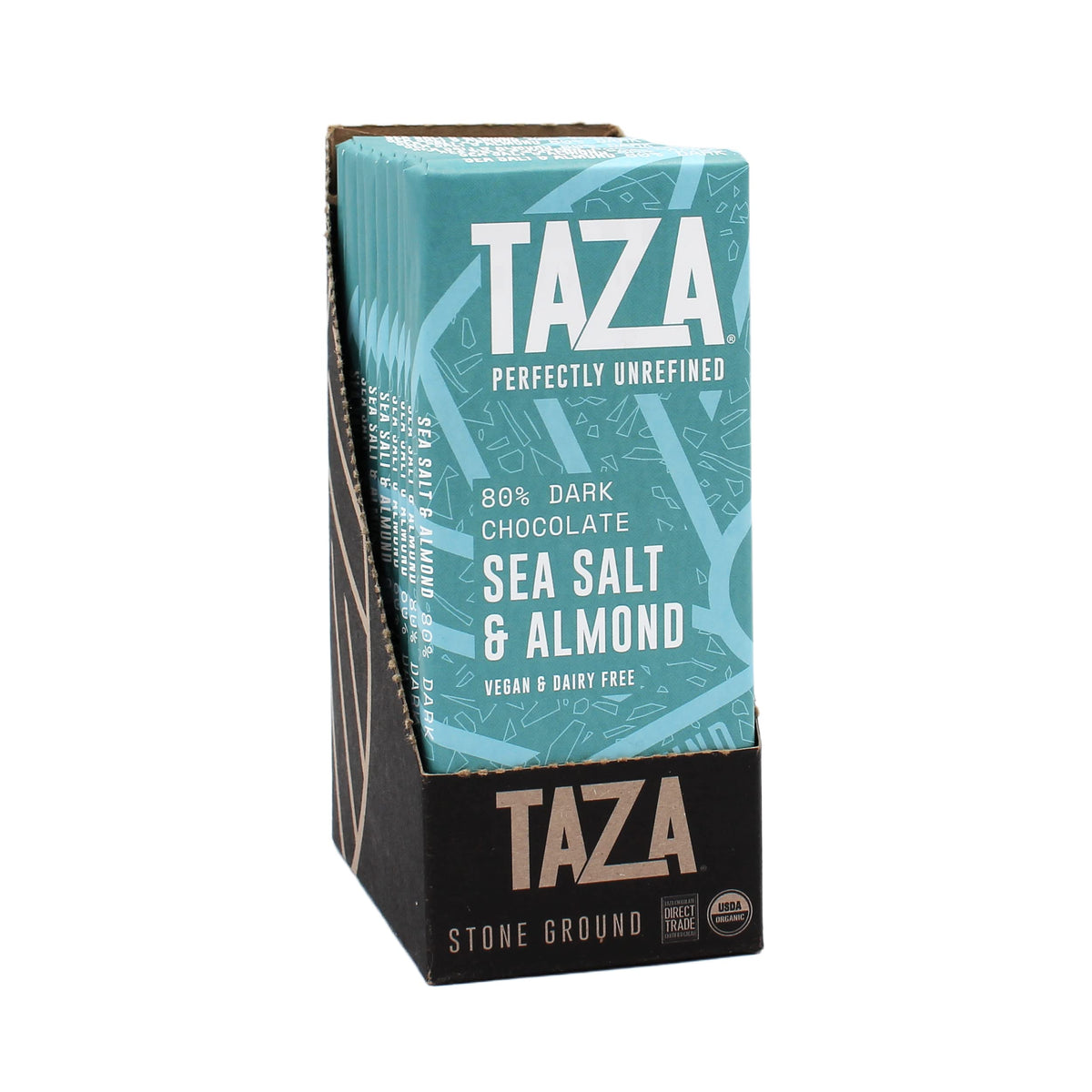 Taza Chocolate front packaging showing organic 80% sea salt almond benefits