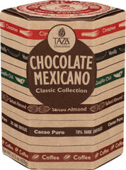 Taza Chocolate front packaging showing variety pack and bold branding benefits tasting