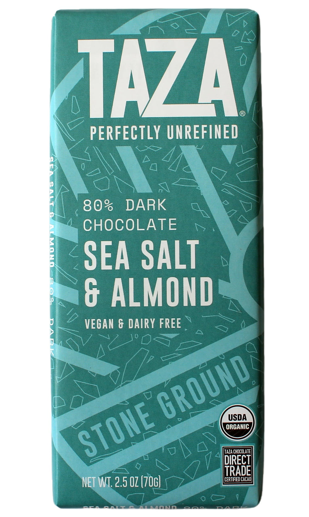 Taza Chocolate Sea Salt & Almond bar slab highlighting almonds and crunchy texture