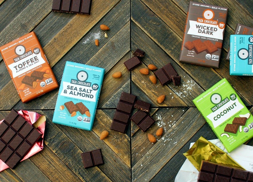 Taza Chocolate split bar revealing almonds and sea salt for crunchy contrast
