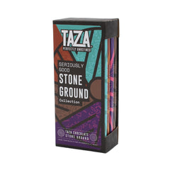 Taza Chocolate front box assortment showing colorful library-style packaging and organic badges