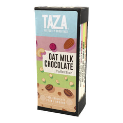 Taza Chocolate front box showing four oat milk bar varieties and organic labeling for ethical gifting
