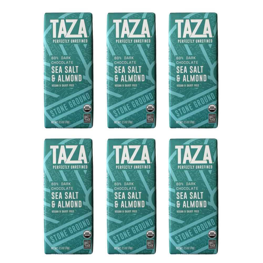 Taza front packaging showing six bars and organic badge for clear gifting