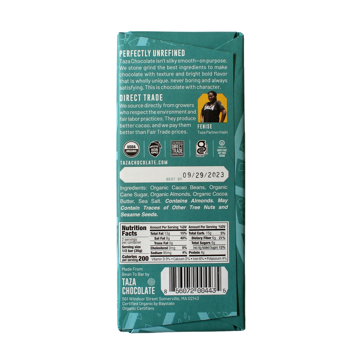 Taza roasted almonds studded in chocolate showing crunch and contrast