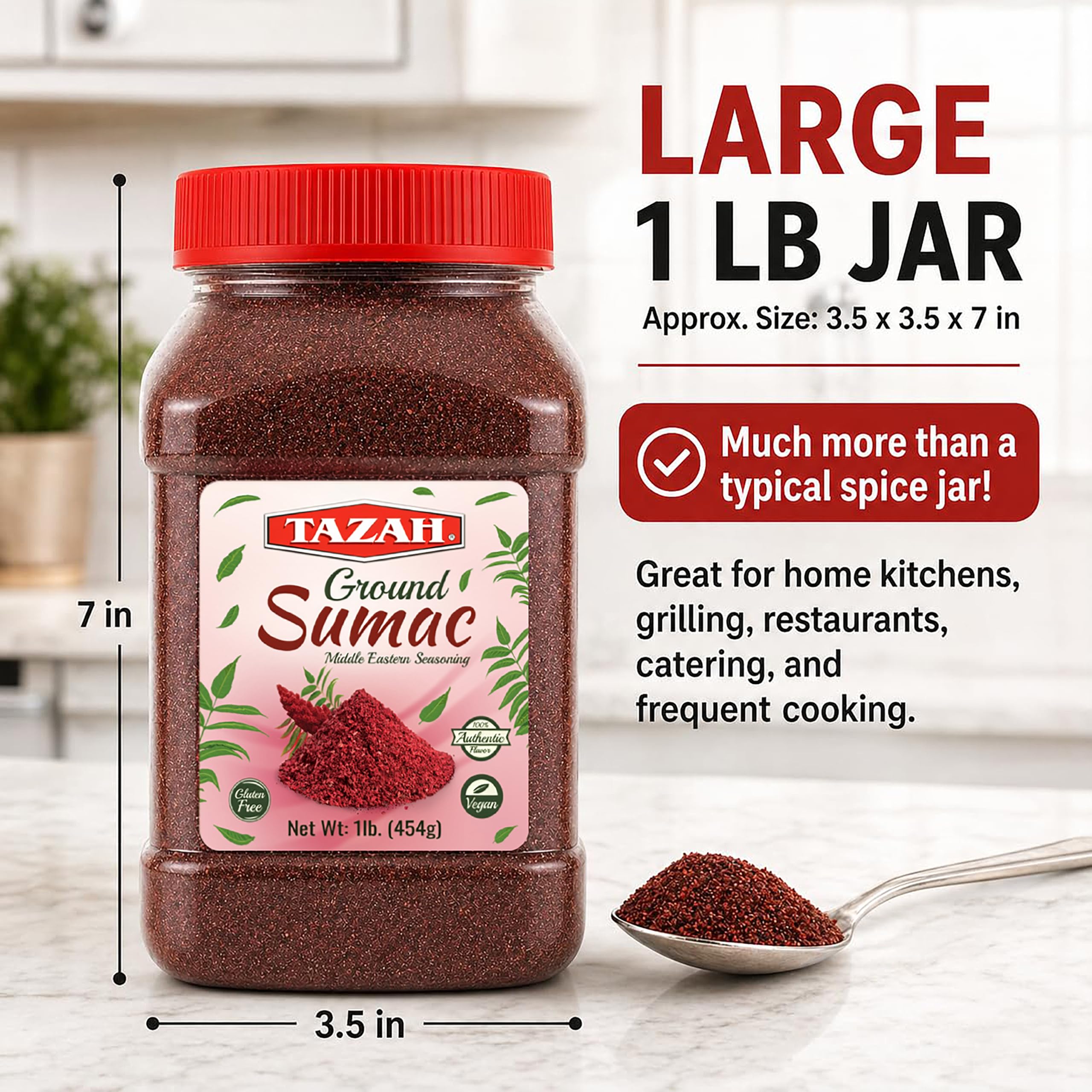 TAZAH glass jar with label storing sumac to preserve flavor