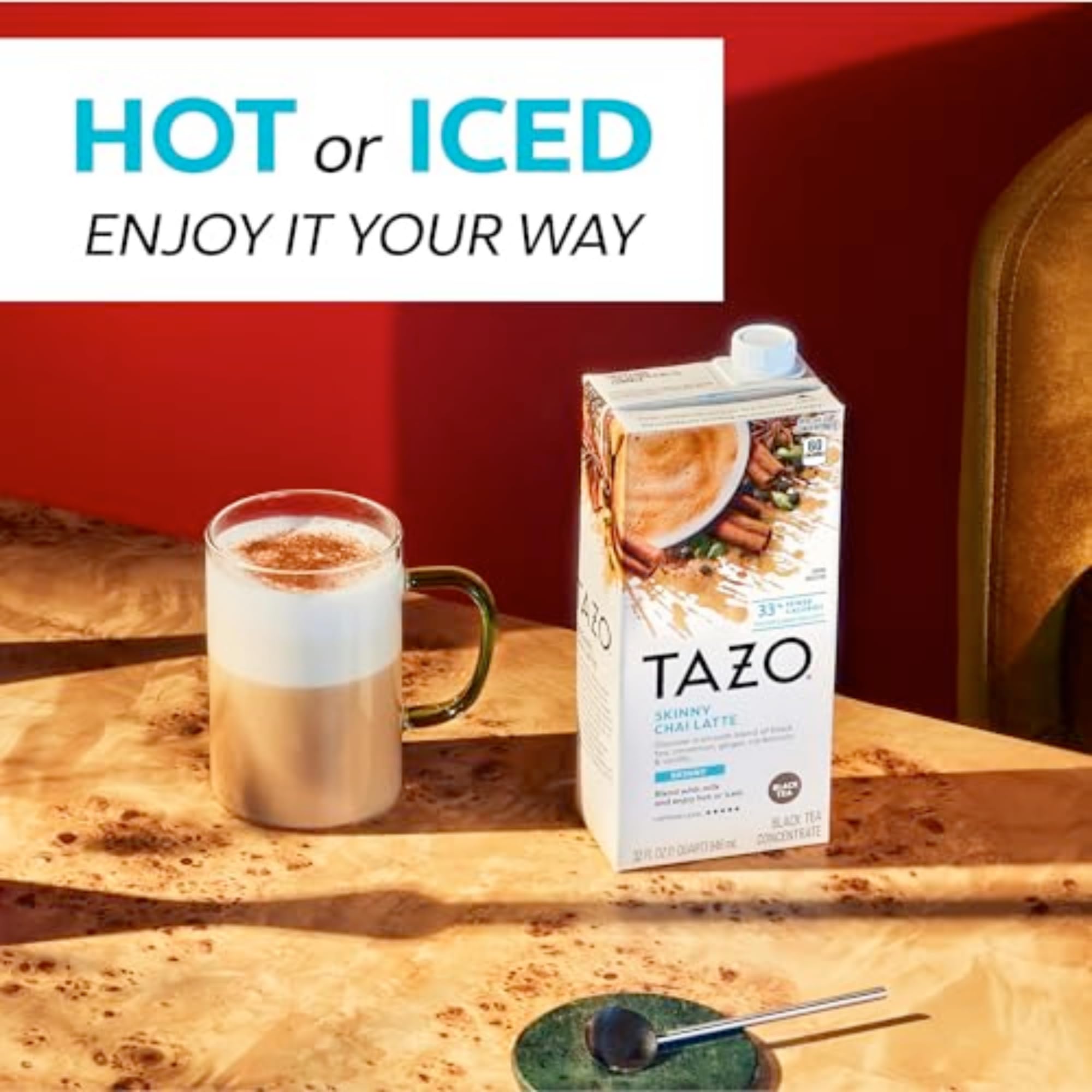 TAZO carton next to a hand for scale showing 32 oz size and serving savings