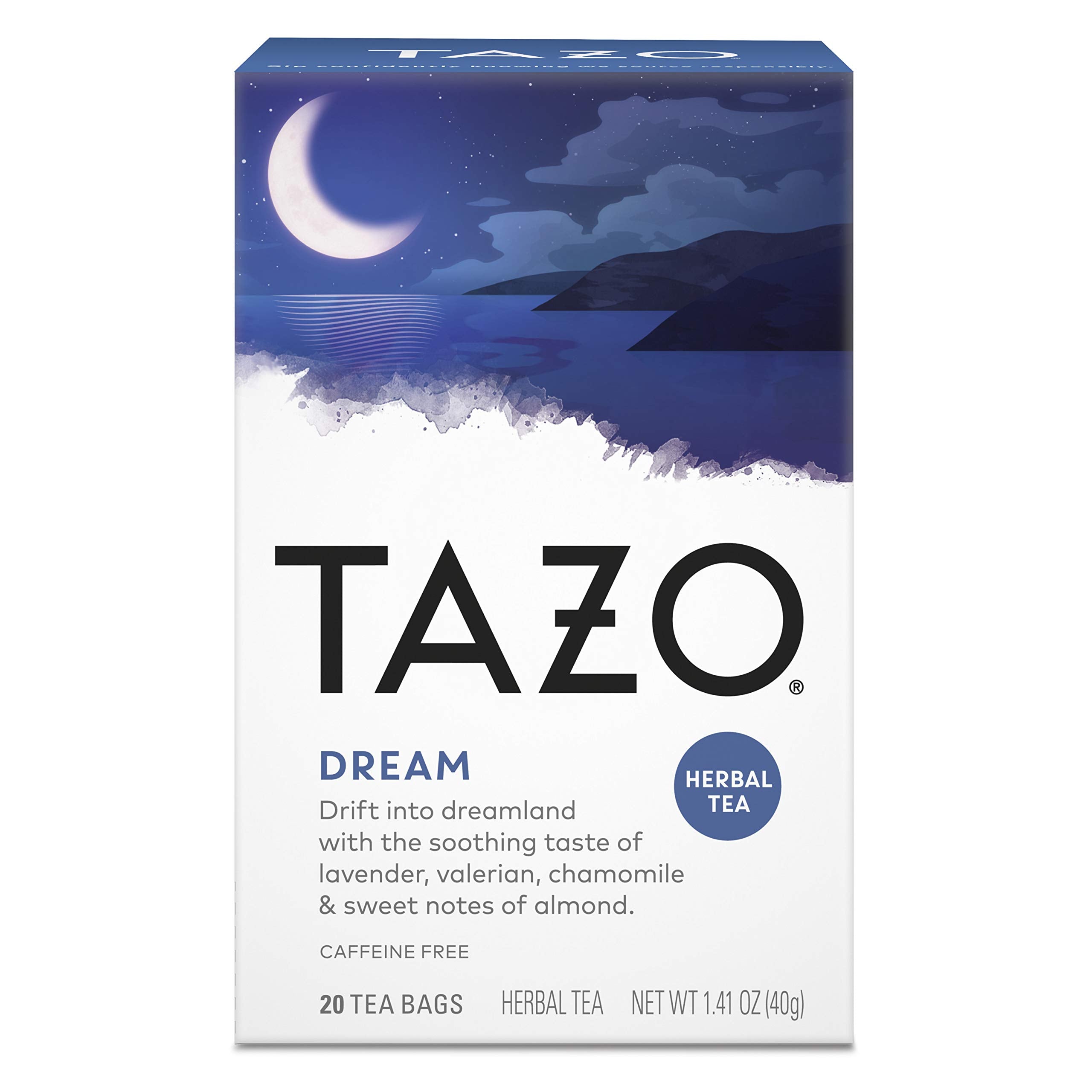TAZO Dream front box showing tea bags and calming flavor benefits