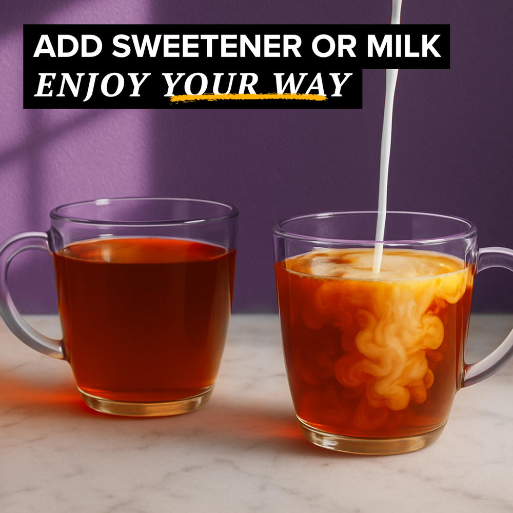 TAZO brewed cup of earl grey steaming with bright bergamot scent for energy