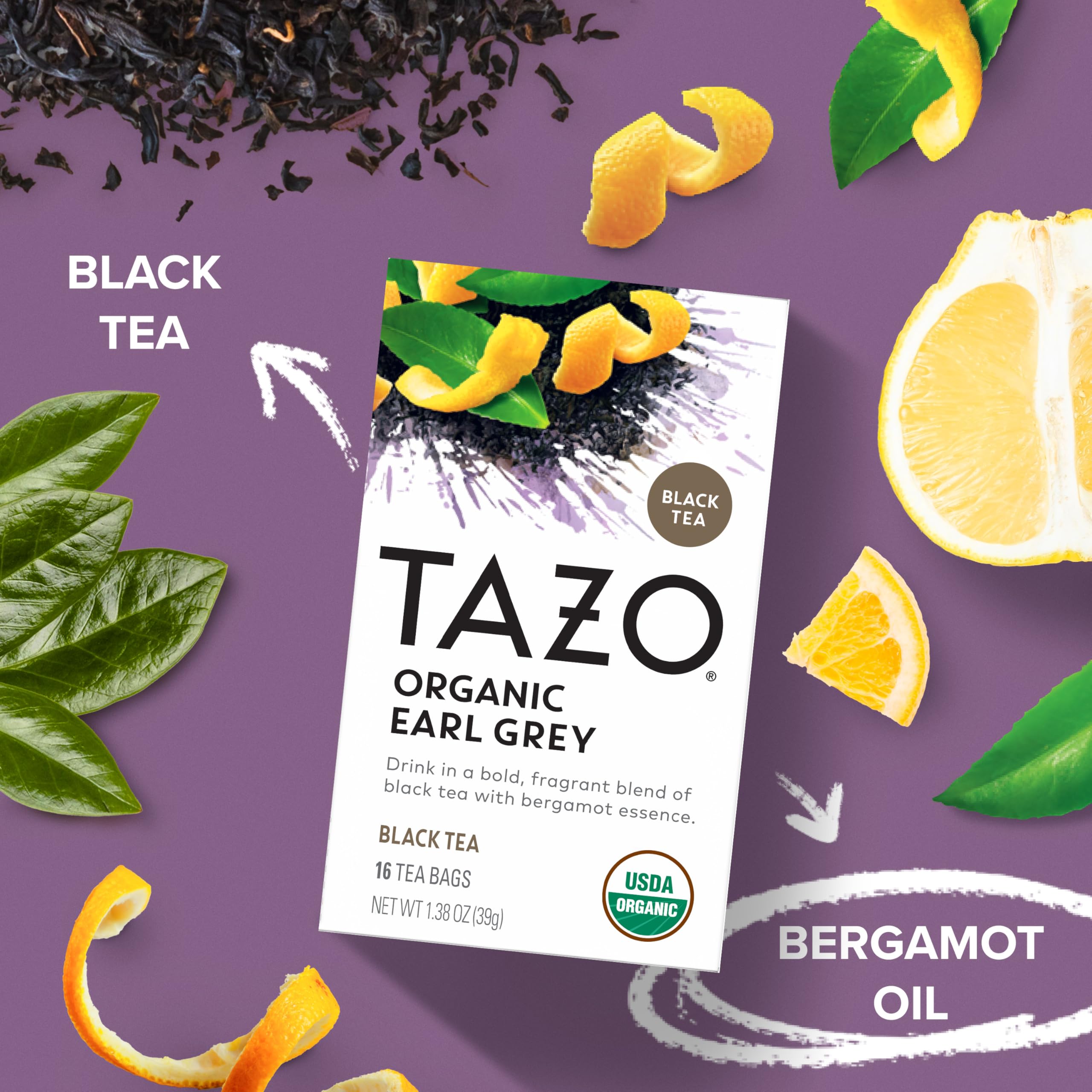 TAZO close-up of black tea leaves and bergamot zest highlighting rich texture