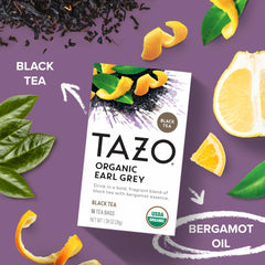TAZO close-up of black tea leaves and bergamot zest highlighting rich texture