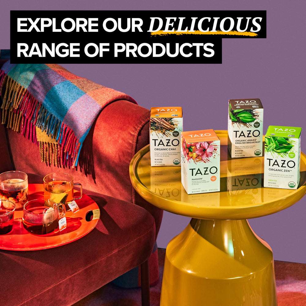 TAZO pack beside a ruler showing size and 96 tea bags for pantry stocking