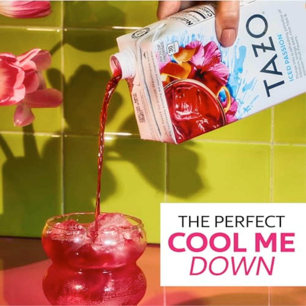 close-up of TAZO liquid texture and color, vivid fruit-forward appearance