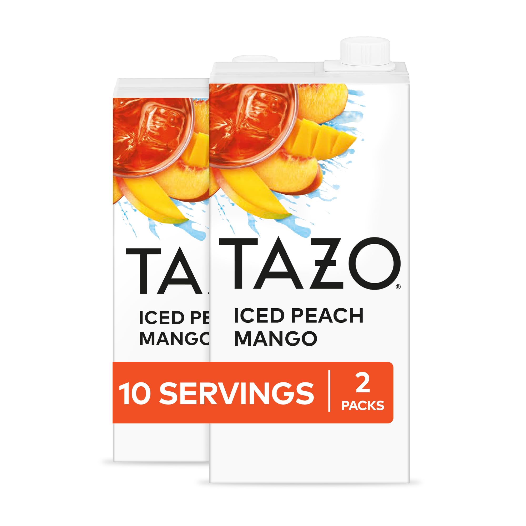 TAZO front view of peach mango carton showing product identity and convenience