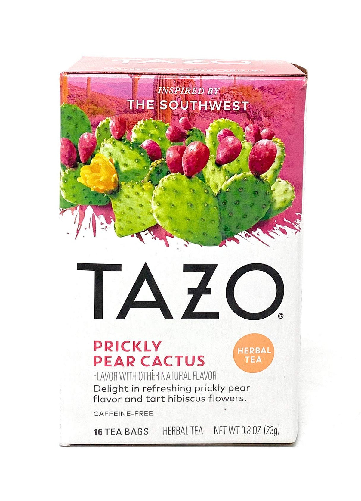 TAZO front packaging showing prickly pear cactus design and benefits