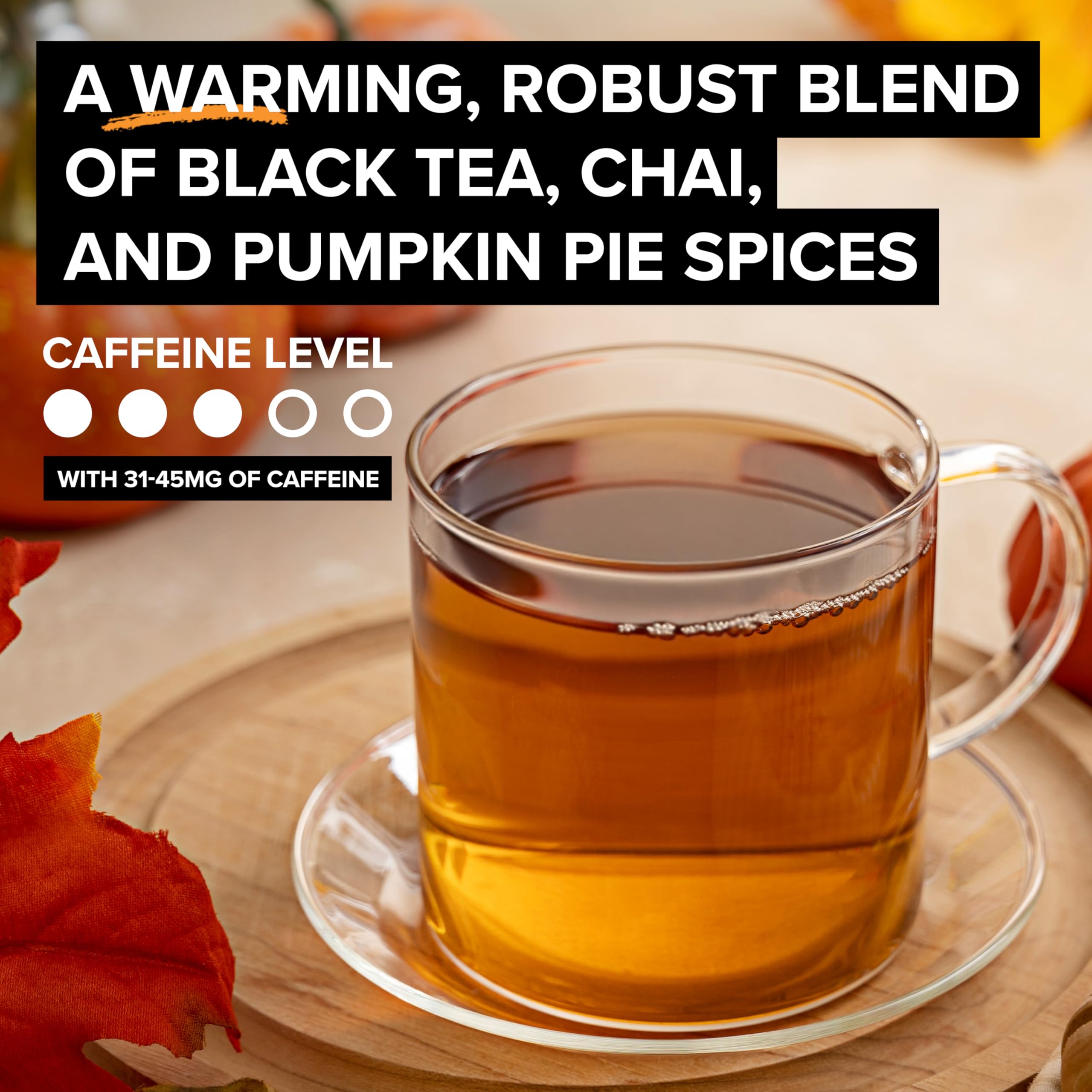 TAZO brewed cup with steam, shows hot aromatic spiced black tea
