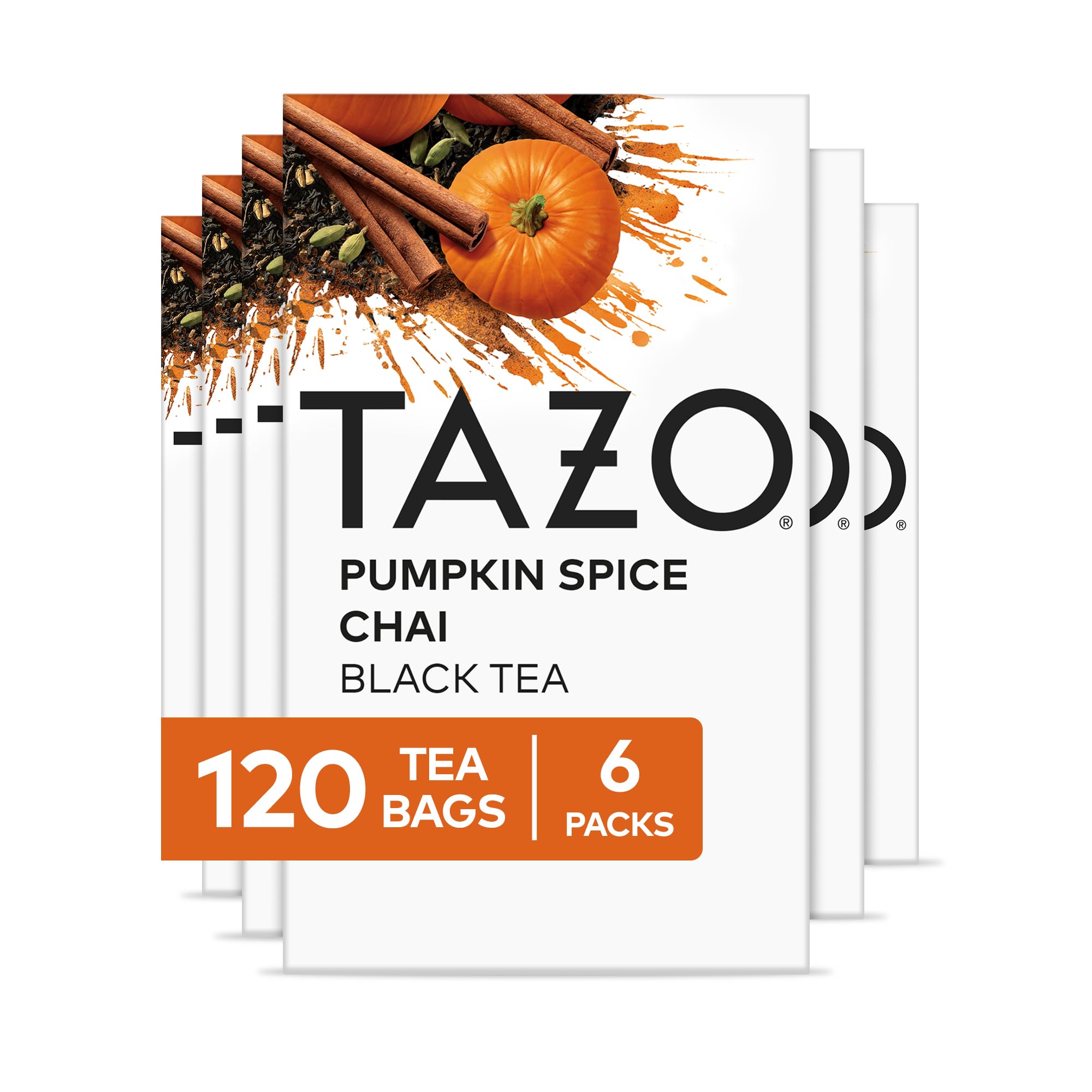 TAZO front packaging showing pumpkin spice chai, highlights seasonal flavor
