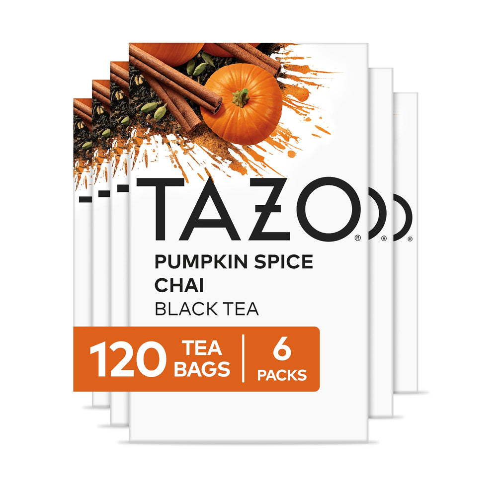 TAZO front packaging showing pumpkin spice chai, highlights seasonal flavor